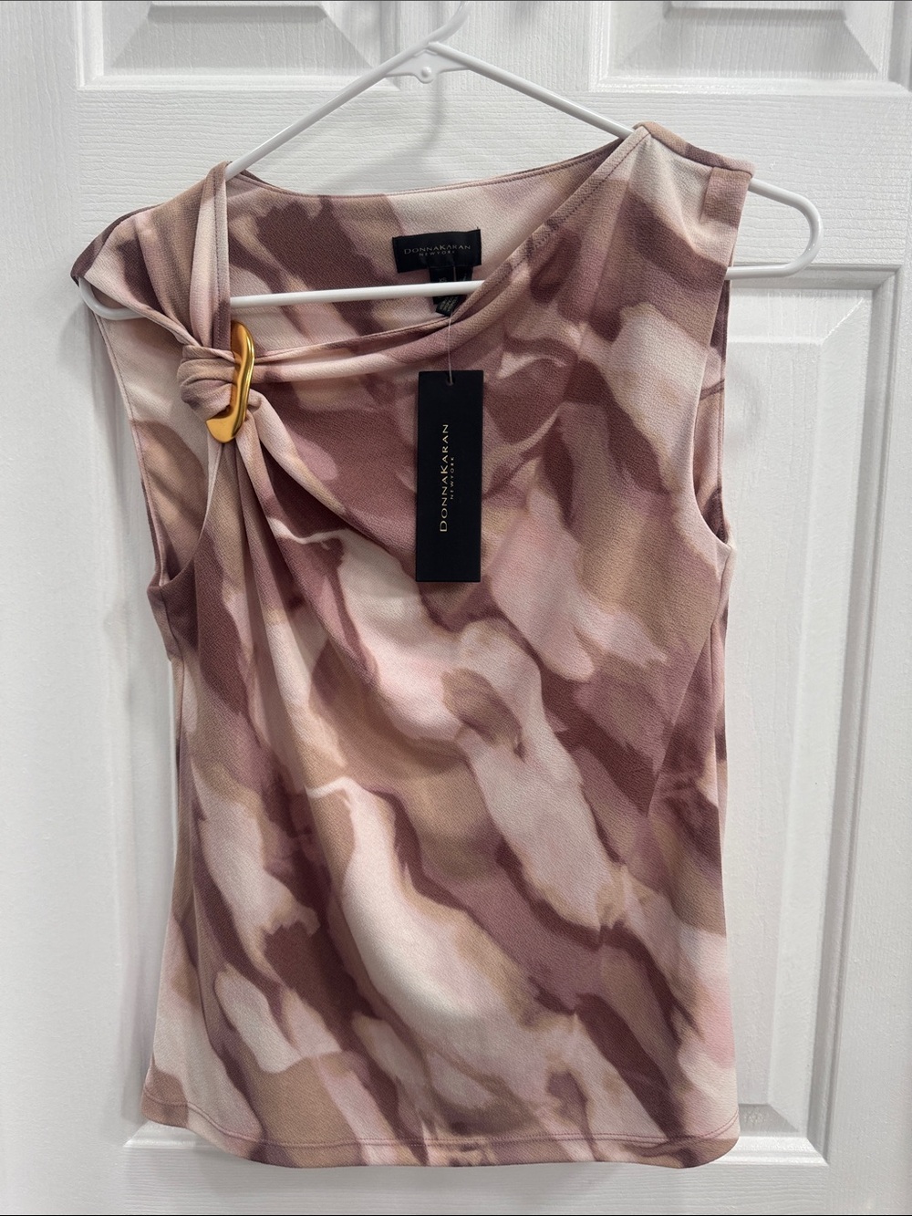 Donna Karan Pink Marble-Print Sleeveless Tank with Knot & Ring